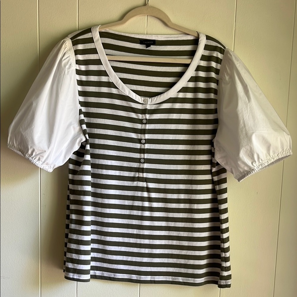 Talbots Green and White Striped Mixed Media Puff Sleeve Henley Blouse Sz XL - Picture 4 of 15